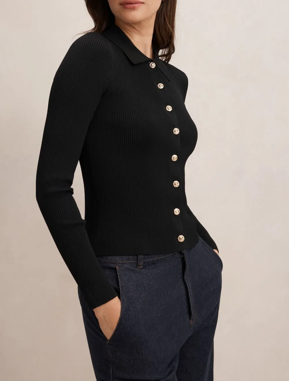 Black Ribbed Knit Long Sleeve Polo Top