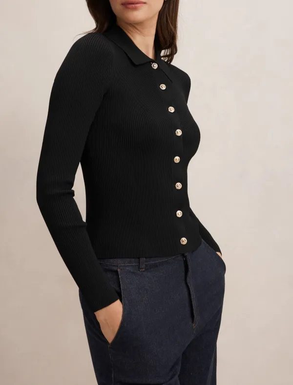 Black Ribbed Knit Long Sleeve Polo Top