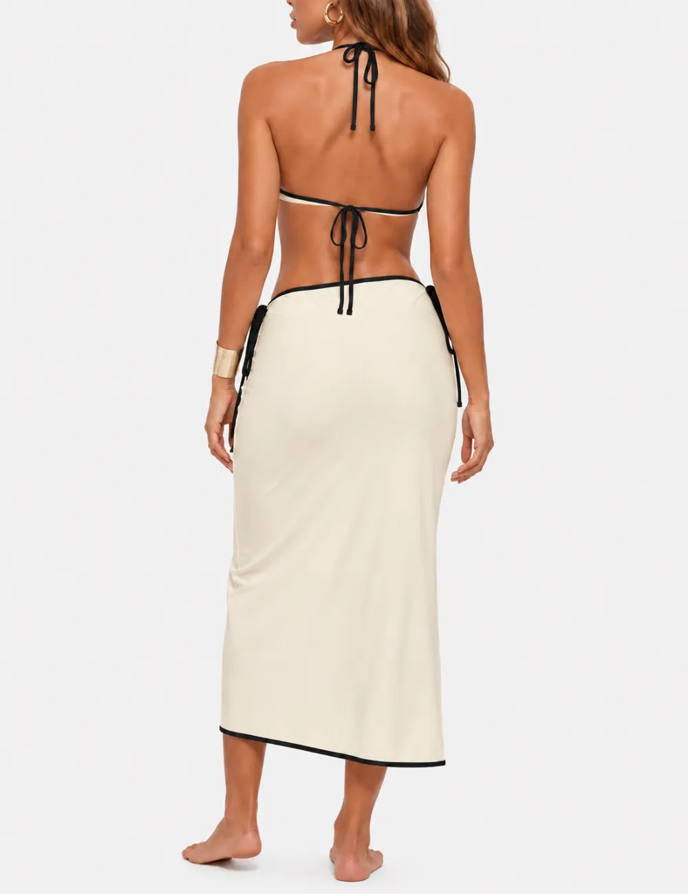 Color Block Halter Triangle Bikini Set with Midi Skirt