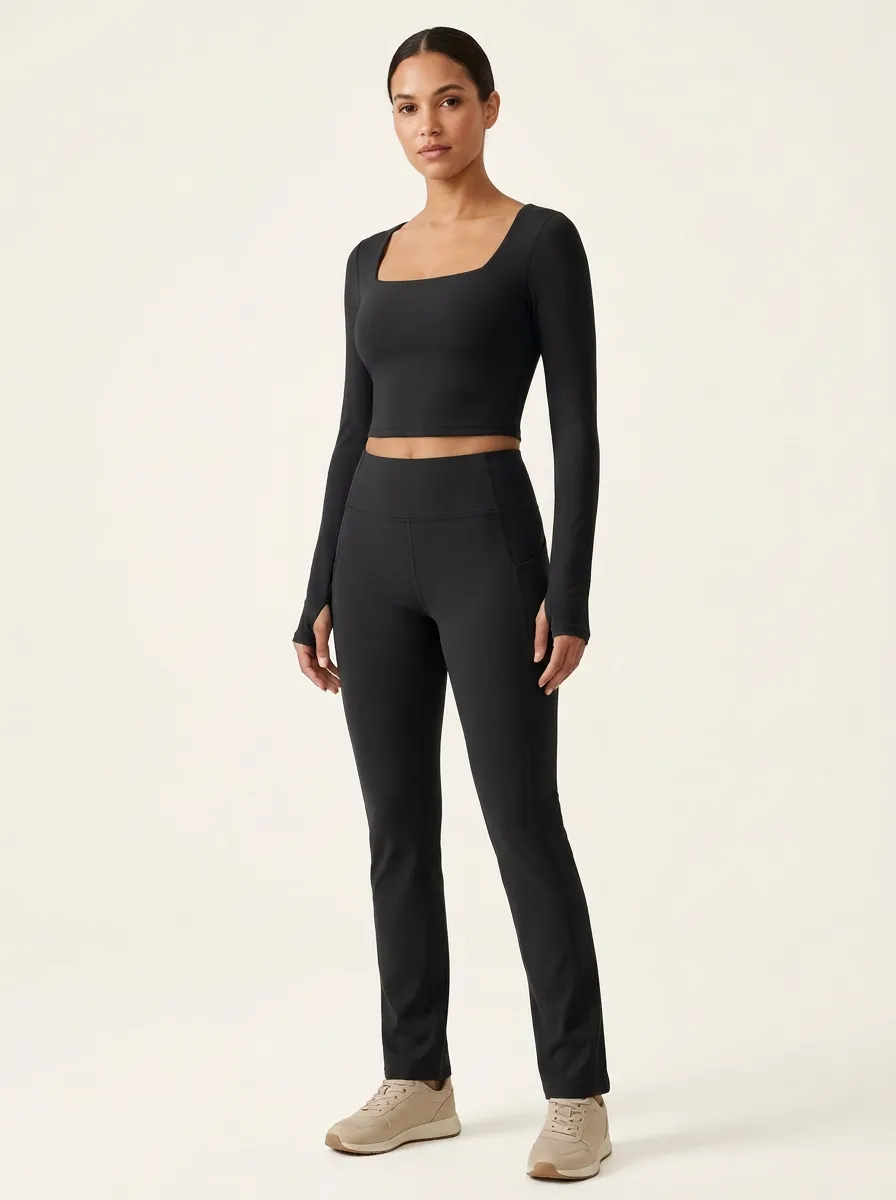 Women's Square-Neck Thumbhole Crop Top and Side-Pocket Legging Set