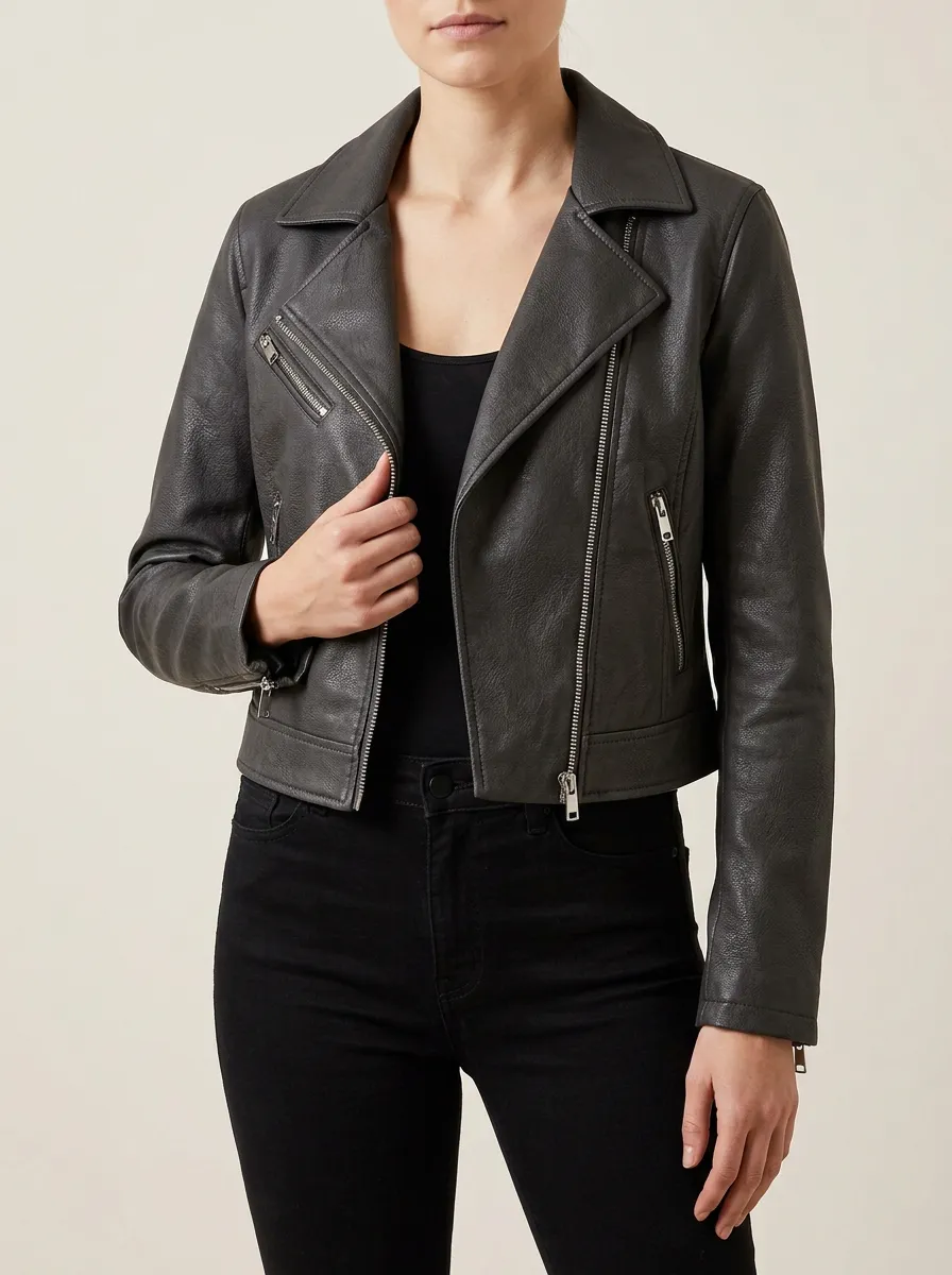 Women's Biker Grey Faux Leather Jacket
