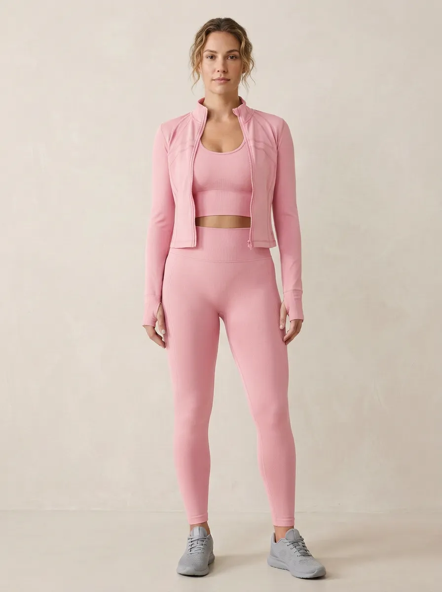 Utility Ribbed Texture Seamless Design Activewear Women's Three Piece Activewear Set