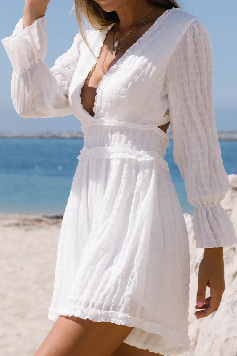 Textured Frill V Neck Bell Sleeve Mini Dress