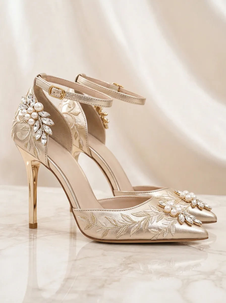 Rhinestone Pearl Floral Embroidered Women's Formal High Heels