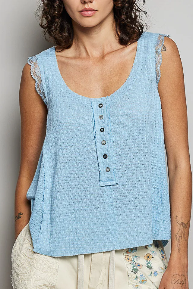 Refined Round-Neck Buttoned Knit Lace Tank Top