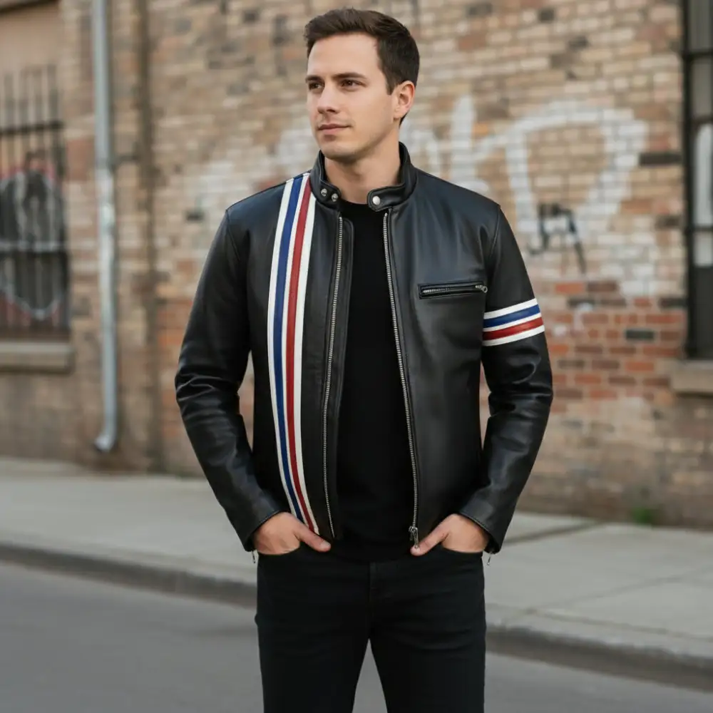 Modern Leather Biker Motorcycle Striped Jacket