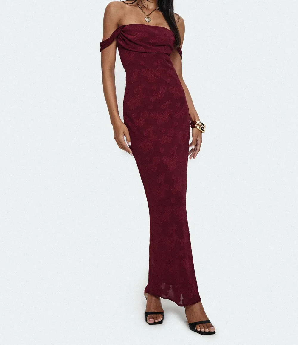 Burgundy Off-Shoulder Ruched Floral Maxi Dress