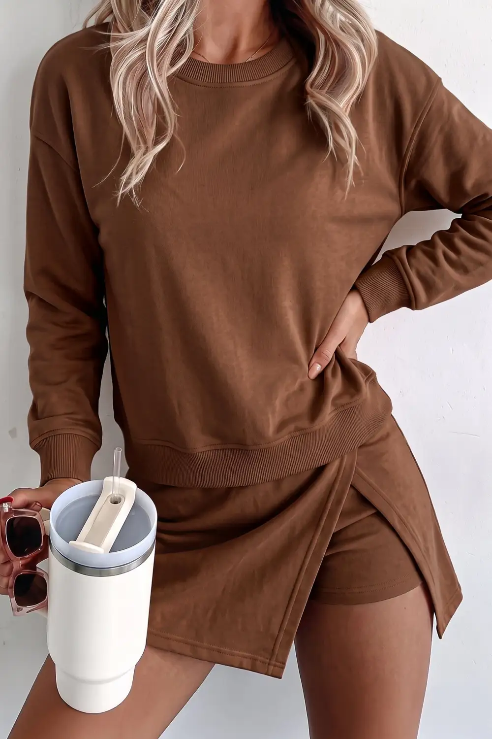 Women's Solid Color Long Sleeve Top Split Skort Two Piece Outfit