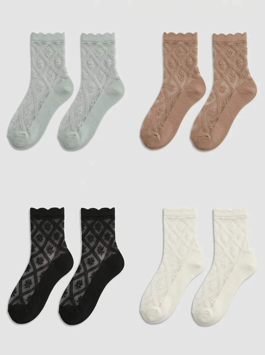 Women's Vintage Style Diamond Floral Mesh Scalloped Edge Socks