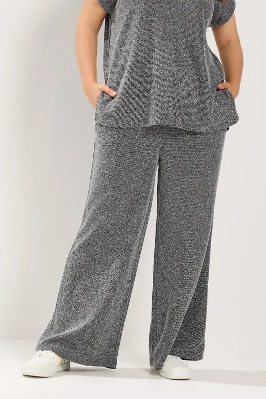Grey Textured Knit Wide Leg Trousers