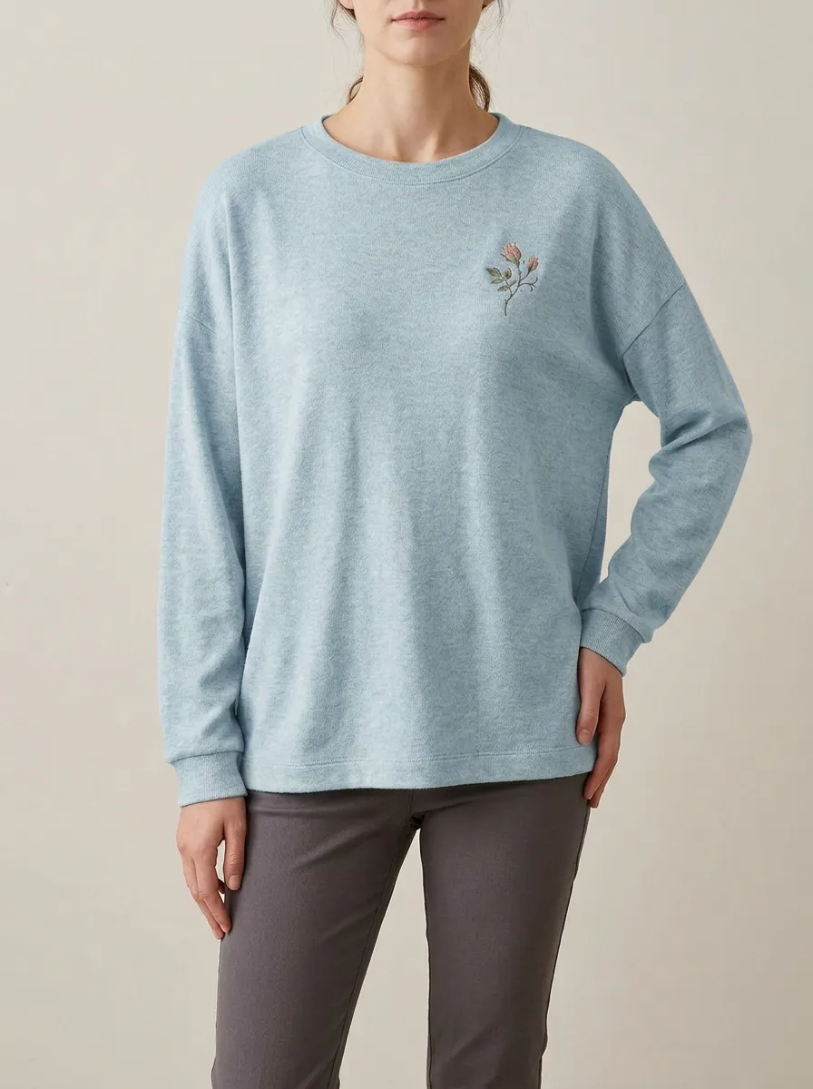 Women's Embroidered Rose Crew-Neck Pullover