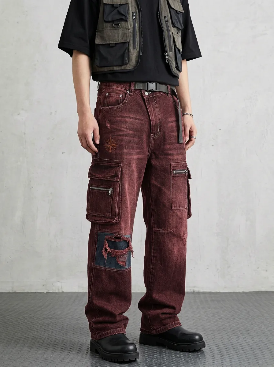 Men's Compass Graphic Distressed Multi-Pocket Cargo Jeans