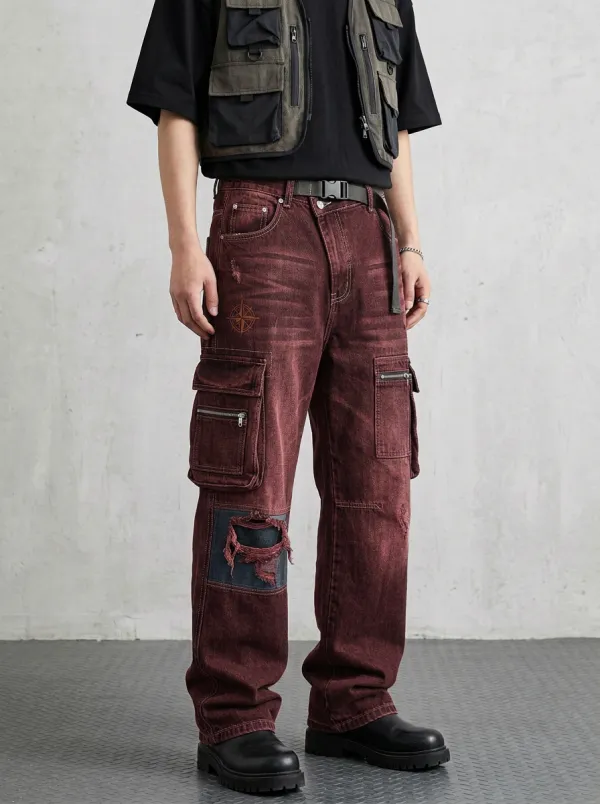 Men's Compass Graphic Distressed Multi-Pocket Cargo Jeans