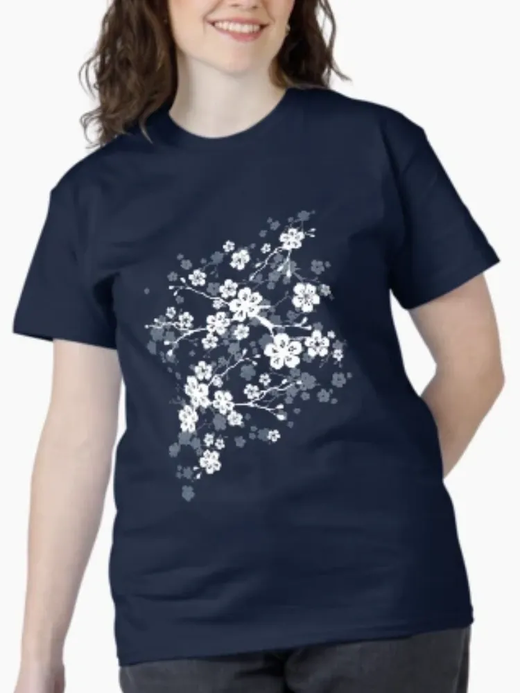 Lady's short-sleeved round-neck T-shirt with cherry blossom pattern