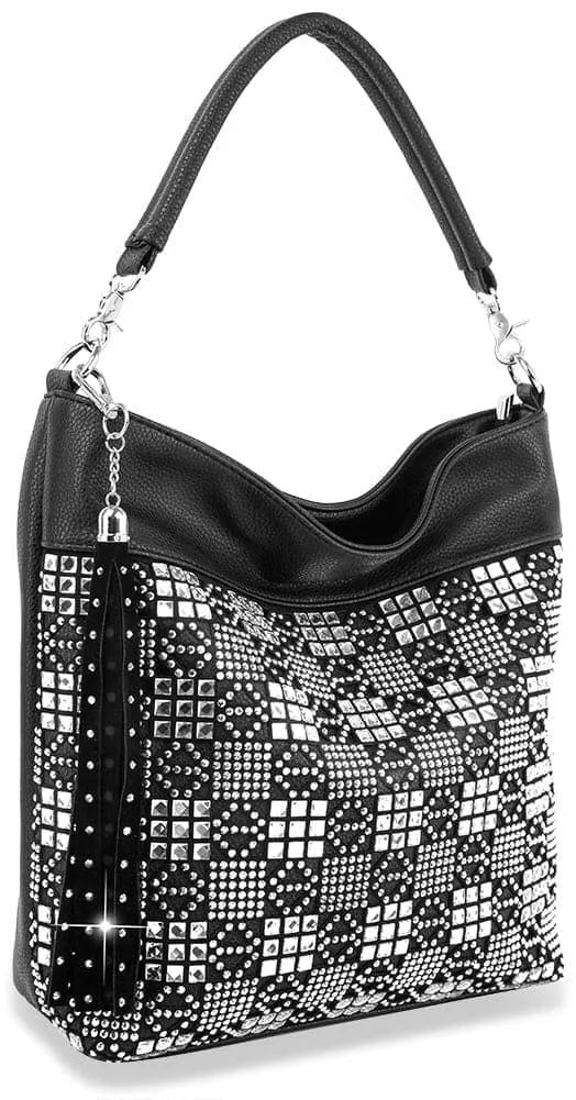 Practical Detail Crystal Accent Pocketed Faux Leather Hobo Shoulder Bag