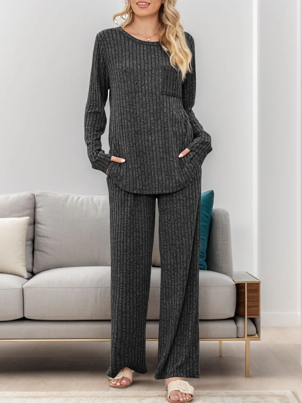 Pocketed Round Neck Long Sleeve Top And Pants Set
