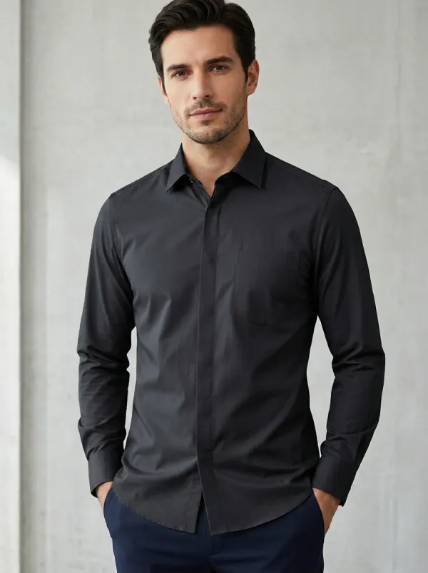 Men's Non-Iron Cotton Solid Color Pocket Long Sleeve Shirt