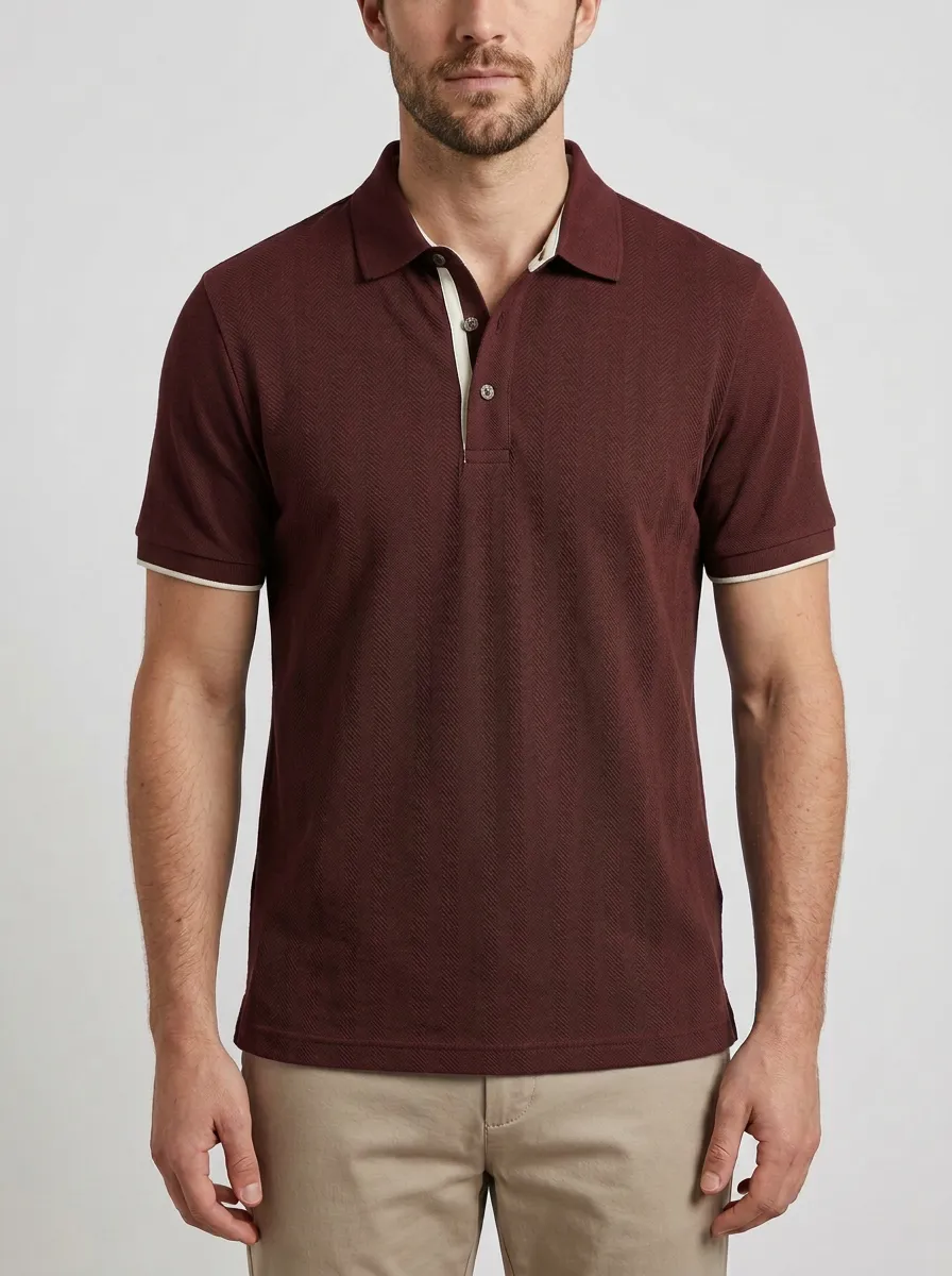 Men's Green Herringbone Pattern Contrast Trim Polo Shirt