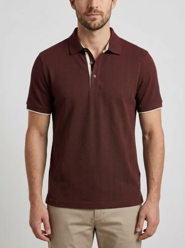 Men's Green Herringbone Pattern Contrast Trim Polo Shirt