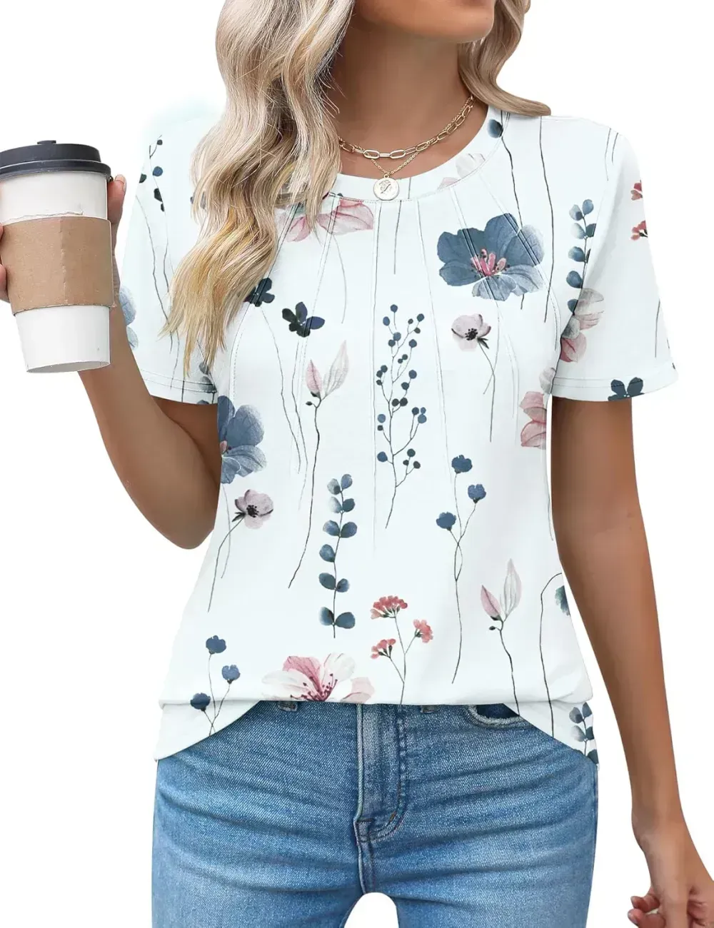 Kistore Womens Casual Crew Neck Short Sleeve Pleated Tops Blouses Fashion Clothes 2024