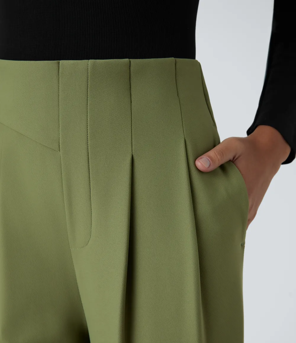  High Waisted Decorative Button Plicated Side Pocket Straight Leg Twill Work Pants