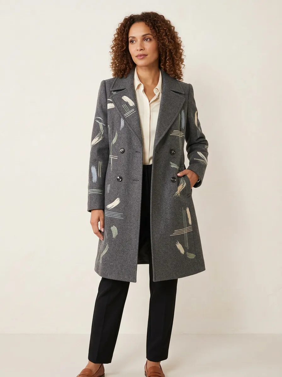 Women's Abstract Art Brushstroke Printed Wool Blend Coat