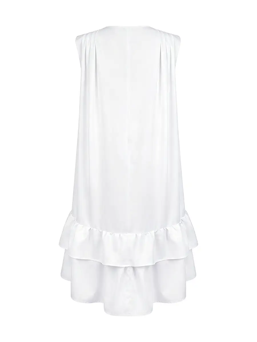 High Low Relaxed Pleated Ruffle Solid Color Deep V Neck Mini