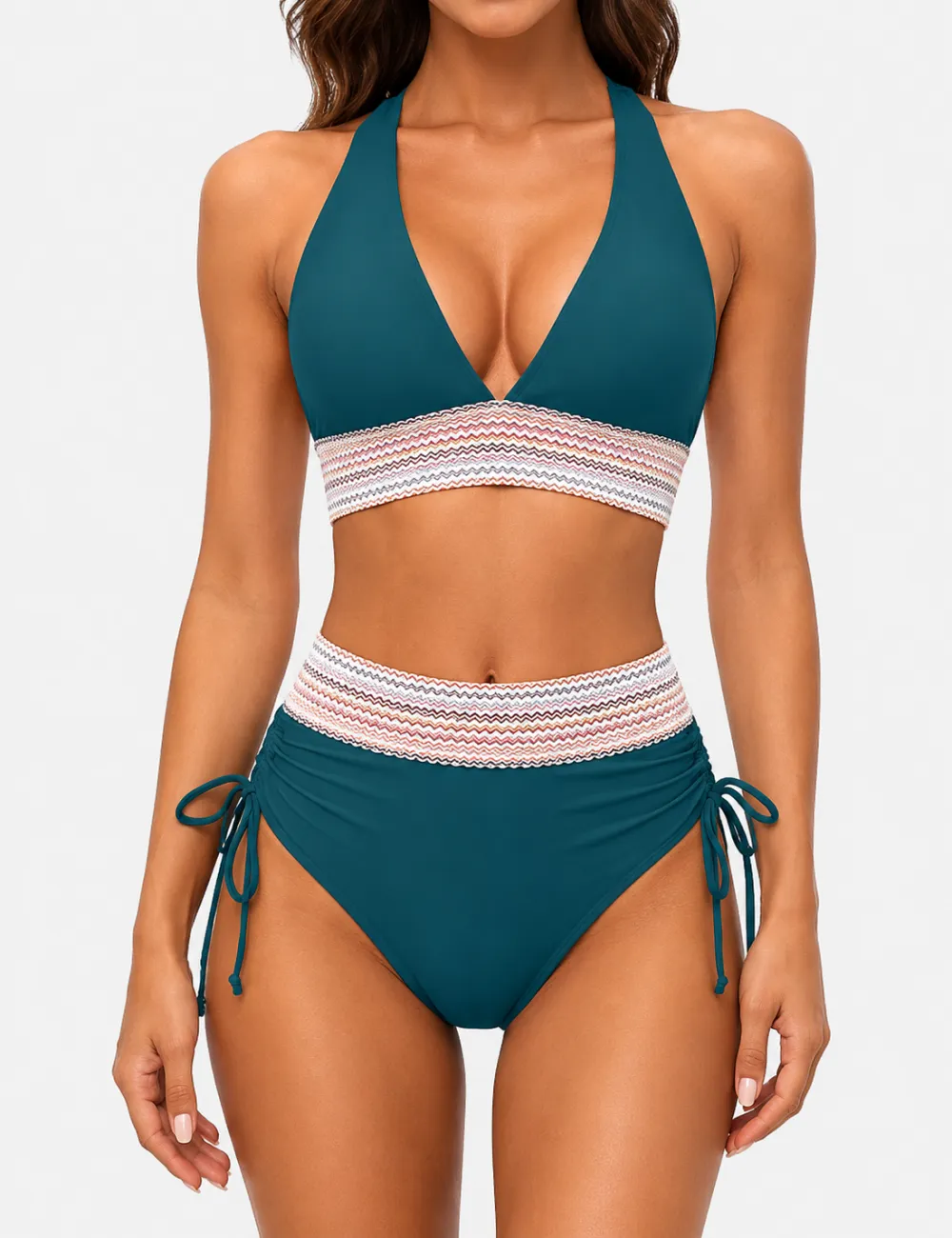 Deep V Neck Colorful Zigzag Smocked Trim Bikini Set