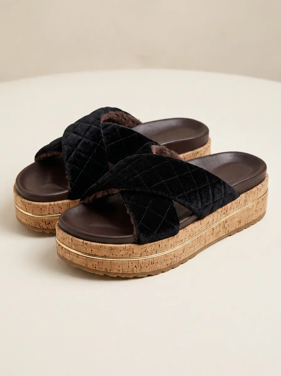 Women's Casual Fashion Black Quilted Velvet Cork Platform Sandals