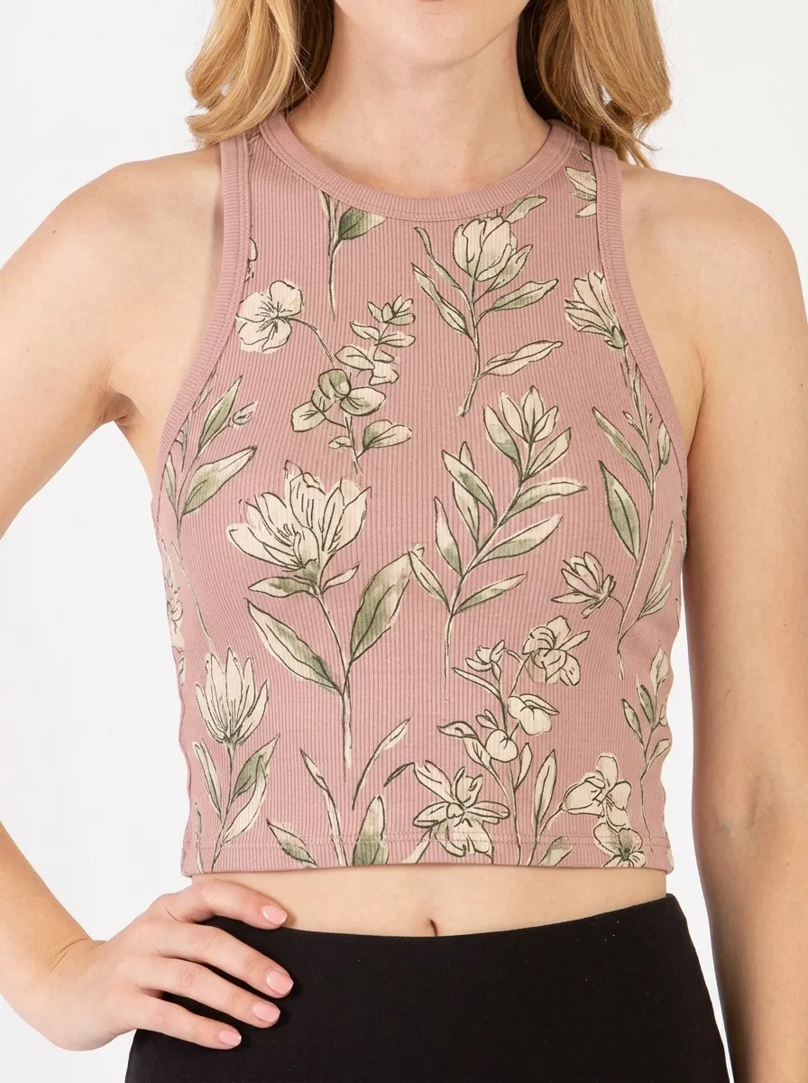 Women's Botanical Floral Ribbed Printed Crop Tank Top
