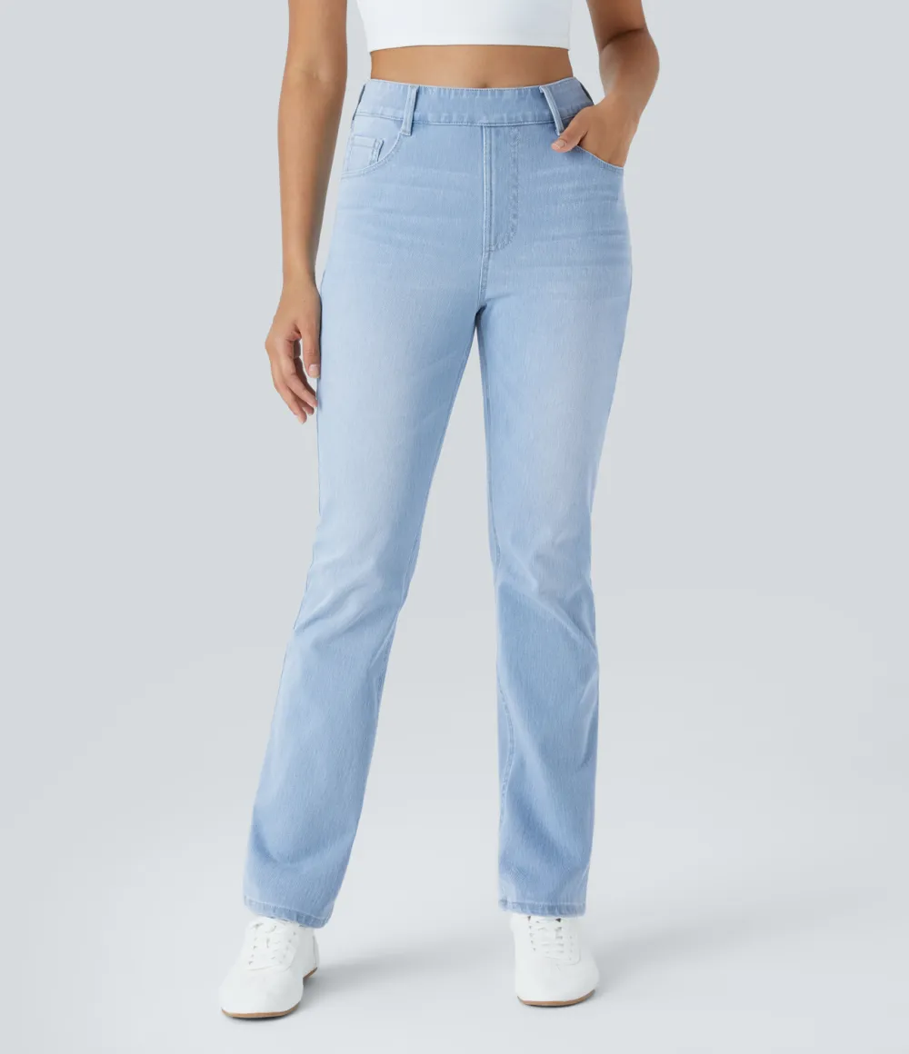 Magic High Waisted Multiple Pockets Washed Stretchy Knit Casual Bootcut Jeans