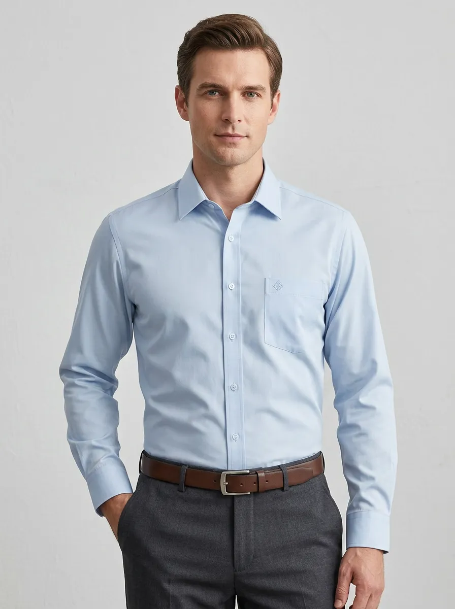 Men's Non-Iron Cotton Light Blue Embroidered Logo Dress Shirt