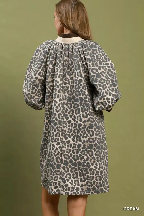 Everyday Leopard Print Quarter-Zip Puff Sleeve Pocketed Mini Dress