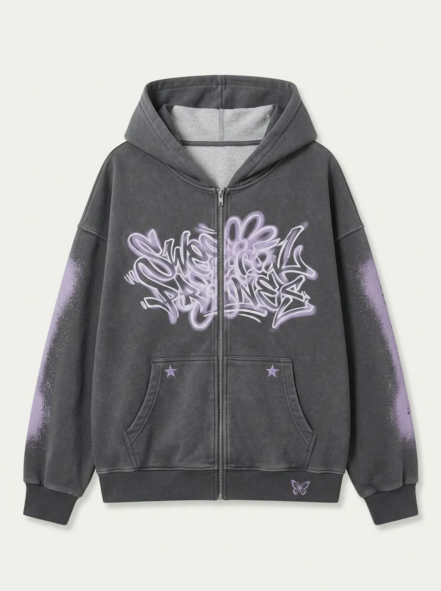 Unisex Streetwear Graffiti Butterfly Star Printed Zip-up Hoodie