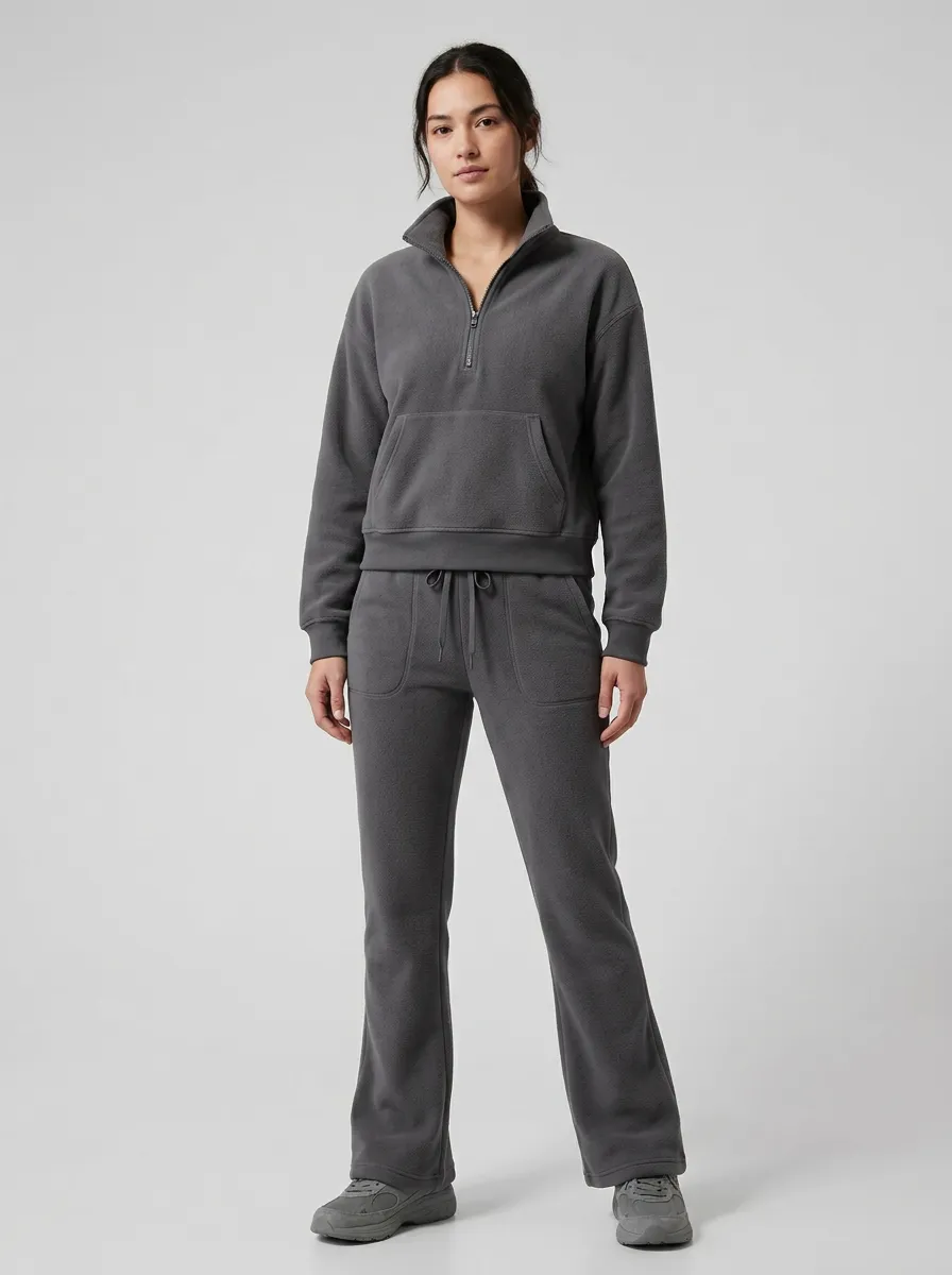 Women's Kangaroo-Pocket Half-Zip Pullover And Straight-Leg Fleece Matching Set
