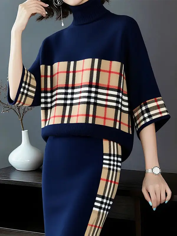 Plaid Elbow Sleeve Relaxed Fit Pullover Sweater
