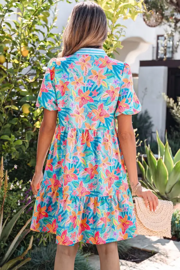 Multicolour Floral Print Contrast Scallop Striped Trim V Neck Dress