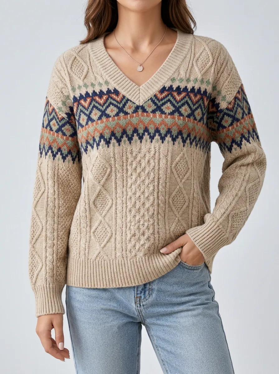 Women's Fair Isle Knit Sweater with V-Neck Finish