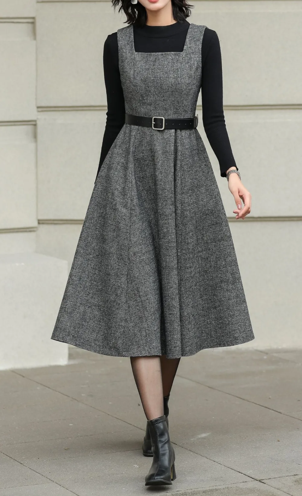 Wool Blend Swing Pinafore Sleeveless Midi Dress