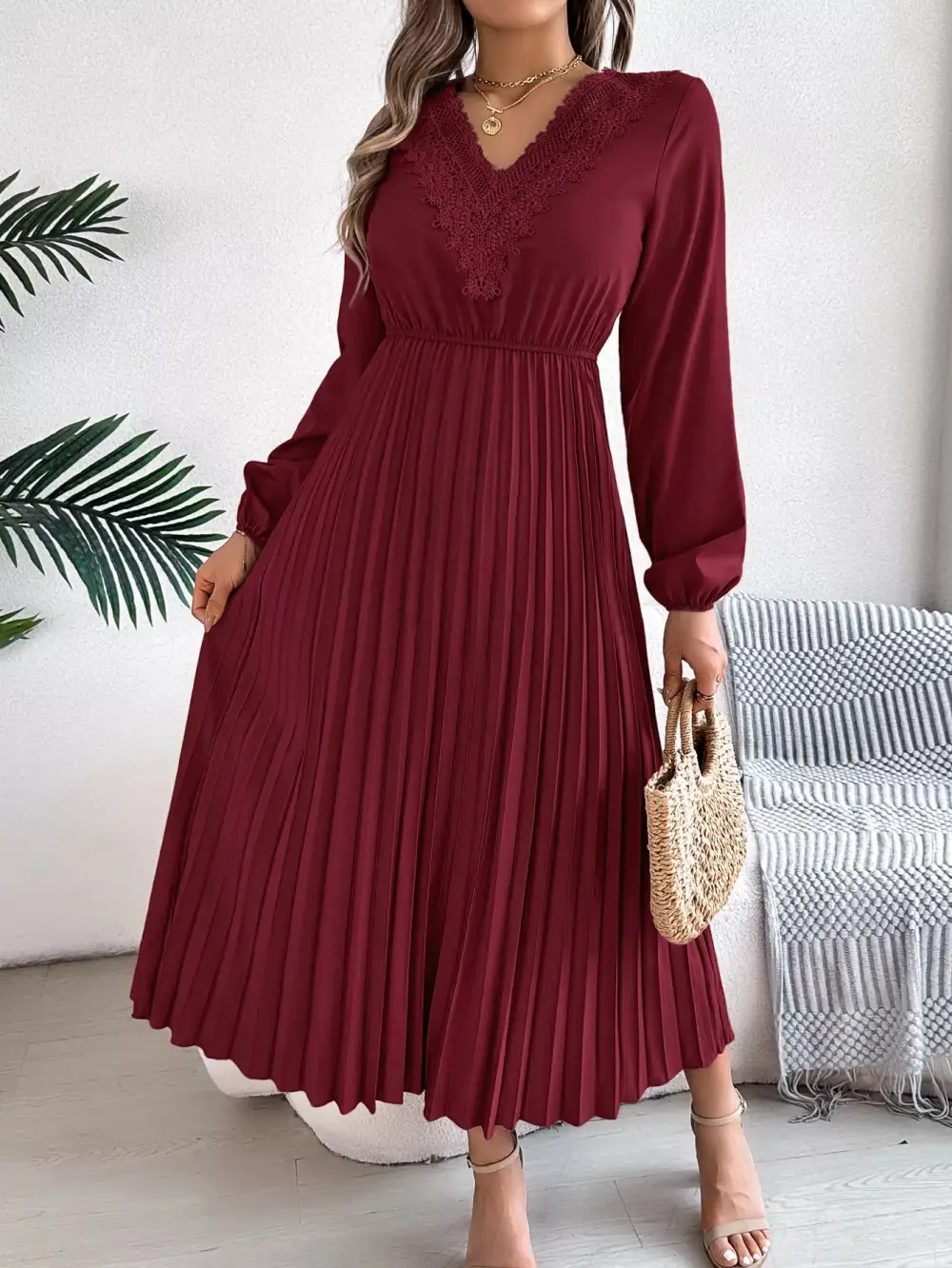 Lace V Neck Pleated Dress Casual
