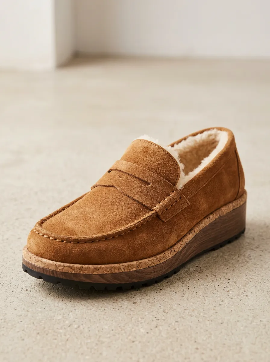 Women's Refined Faux Fur Lined Platform Suede Wood Sole Loafers