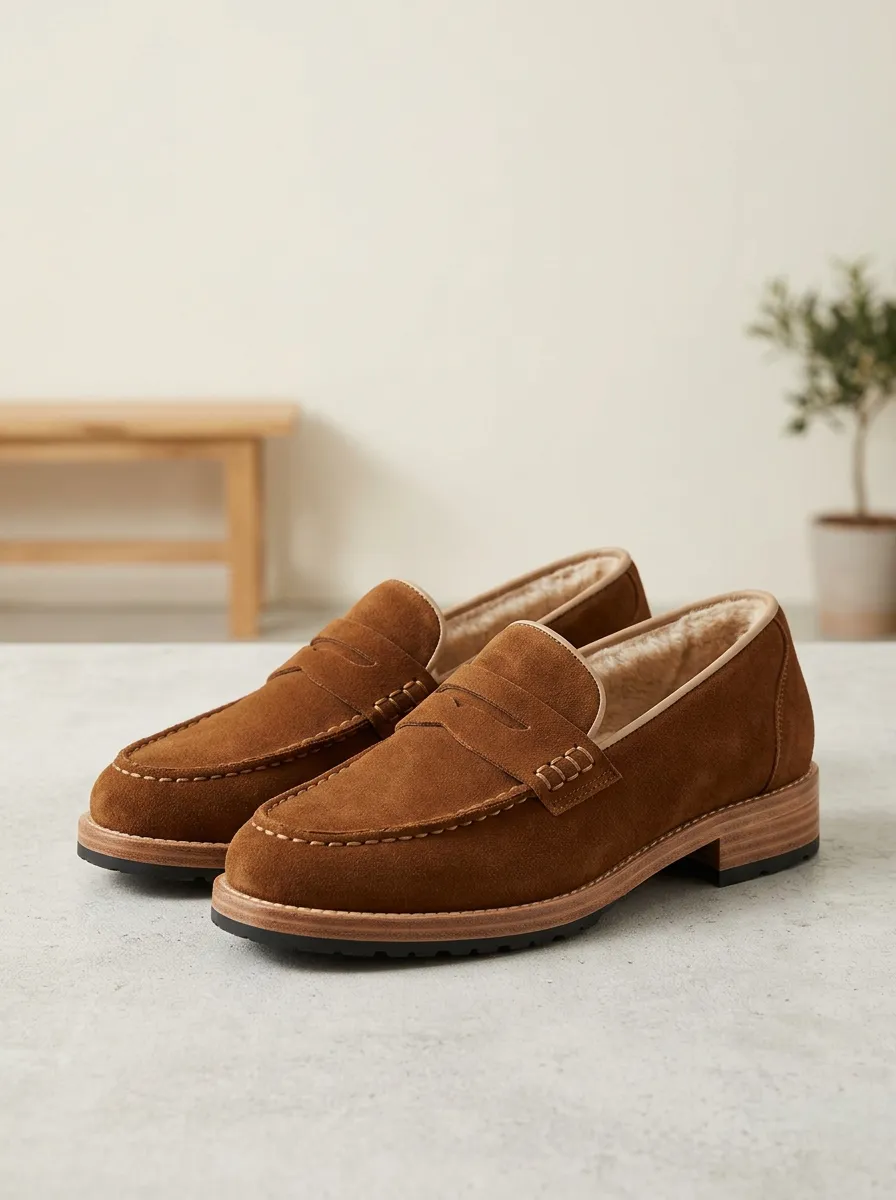 Women's Refined Faux Fur Lined Suede Wood Sole Loafers