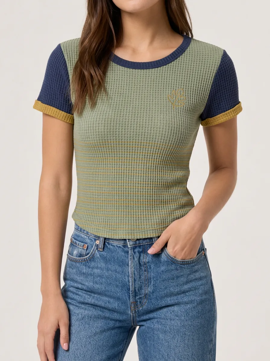 Textured Casual Nature Lover Leaf Embroidered Waffle Knit Top