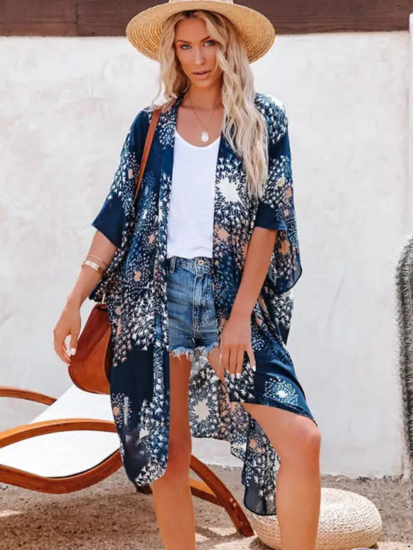Mid Length Slit Chiffon Printed Sunscreen Swimsuit