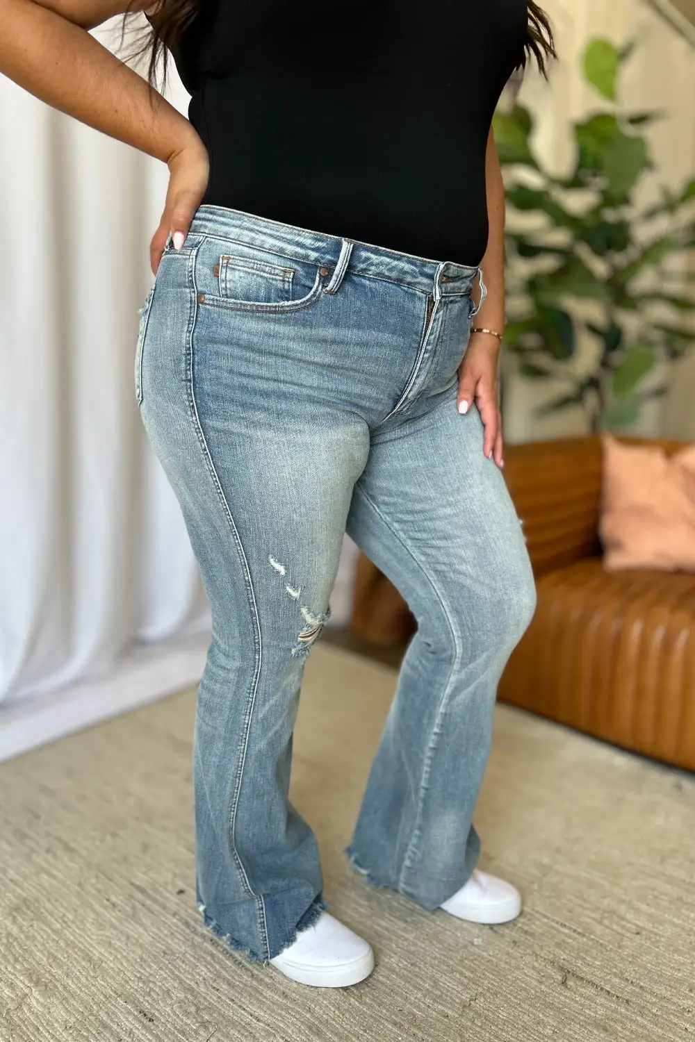 Rise Tummy Control Destroy Flared Denim Jeans