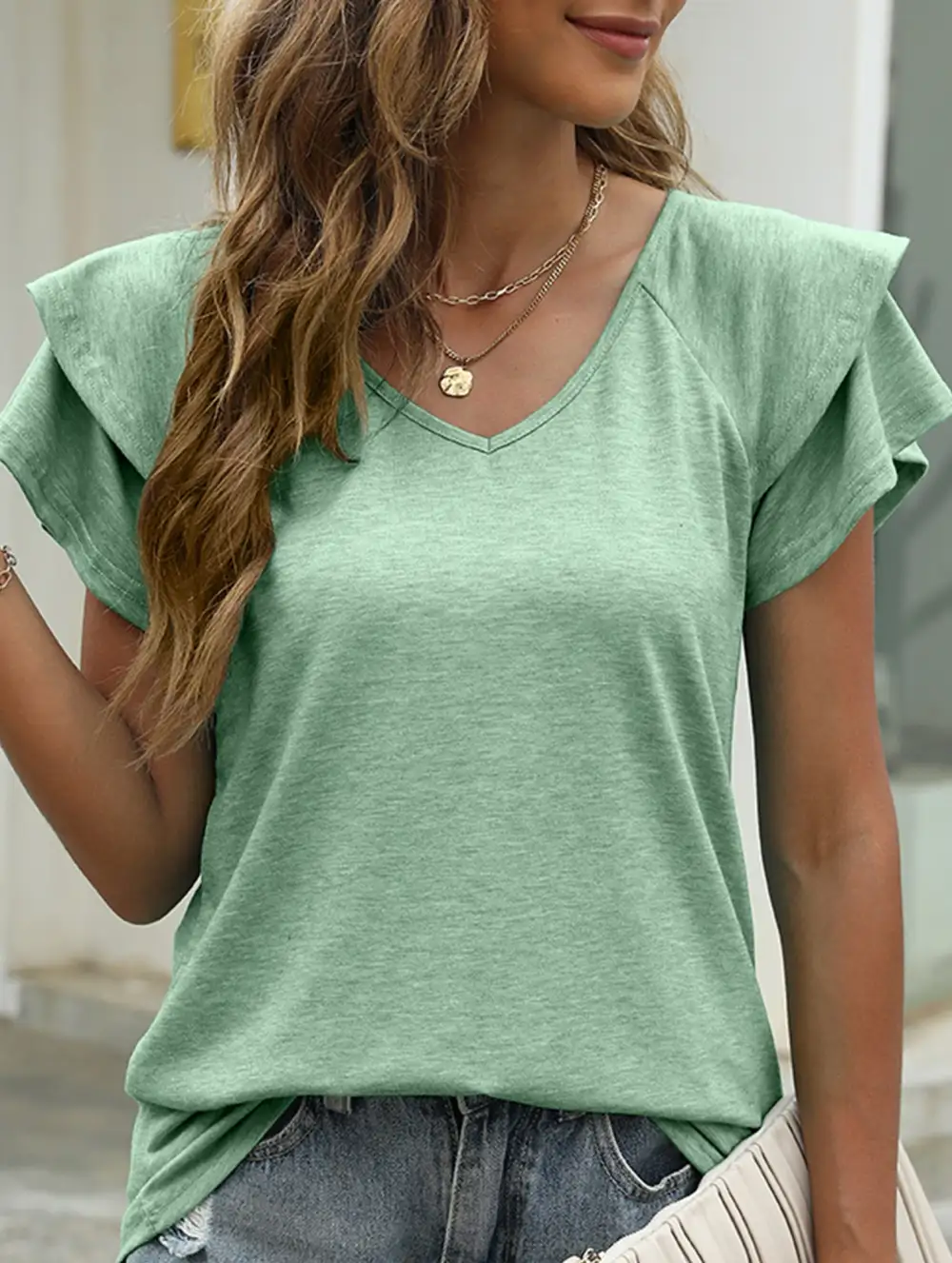 V Neck Double Layer Ruffle Sleeve Tank Top