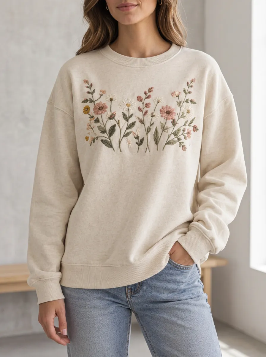 Women's Embroidered Graphic Modern Wildflower Crewneck Sweatshirt