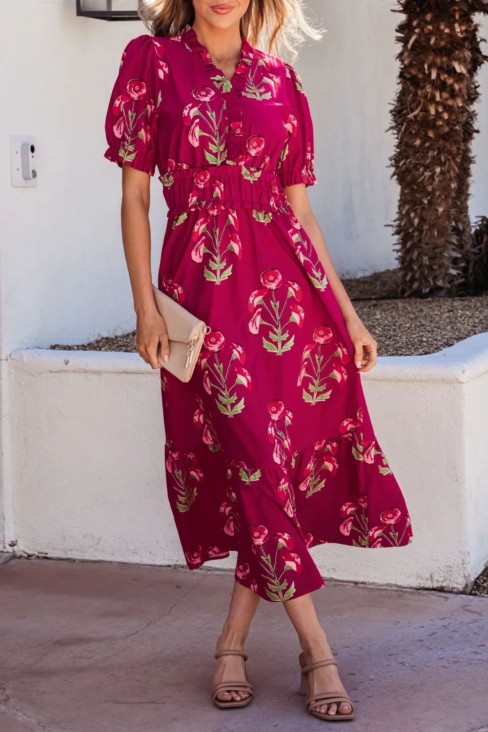 Red Floral Ruffle Maxi Dress