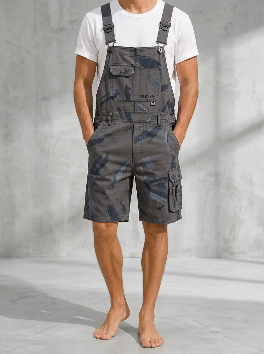 Men's Casual Streetwear Brushstroke Printed Cargo Overalls Shorts