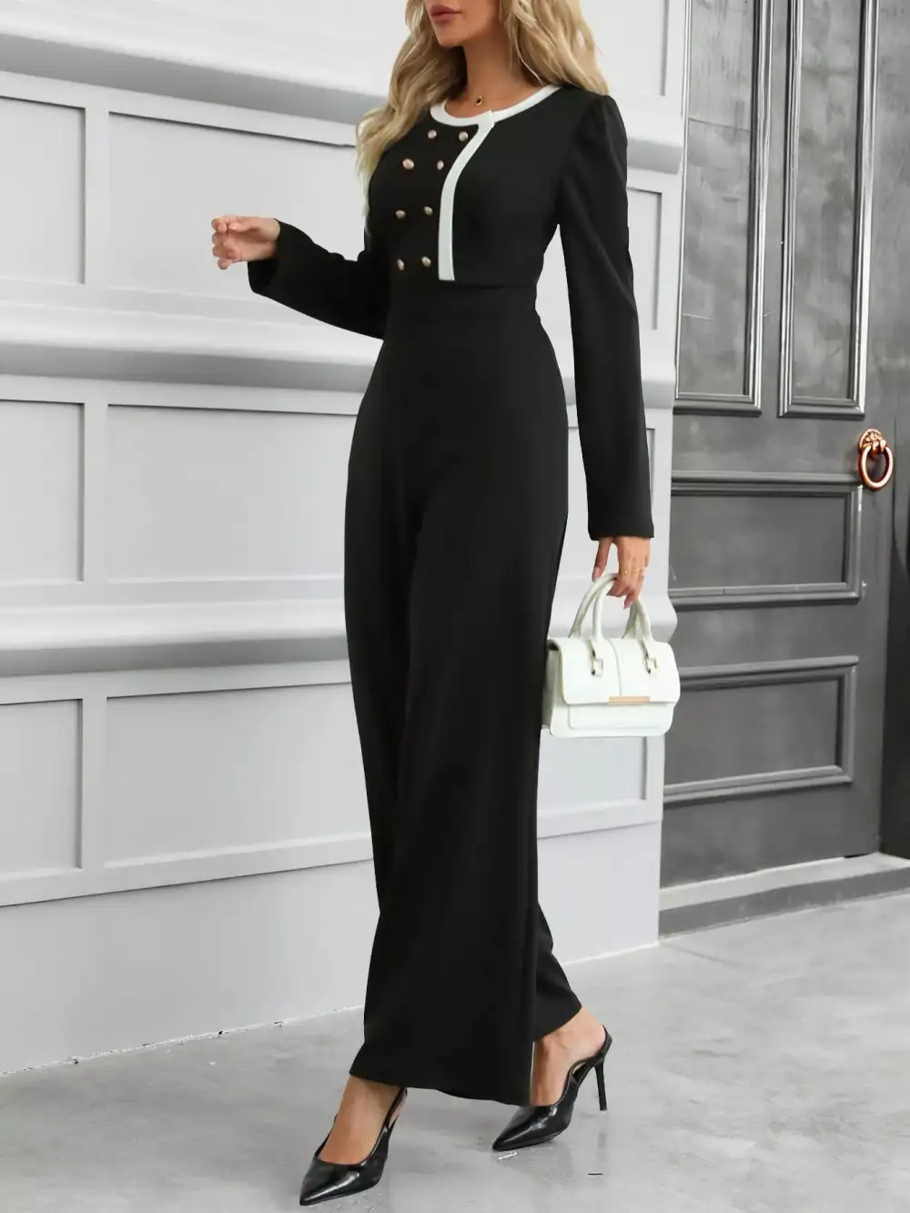 Button Decor Long Sleeve Wide Leg Jumpsuit